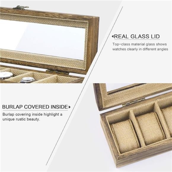 Watch Box Case Organizer Display for Men Women, 6 Slot Wood Box with Glass Top - Picture 5 of 7